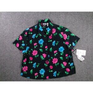 NYCC Shirt Womens Petite S Floral Collared Button Short Sleeve Black Polyester
